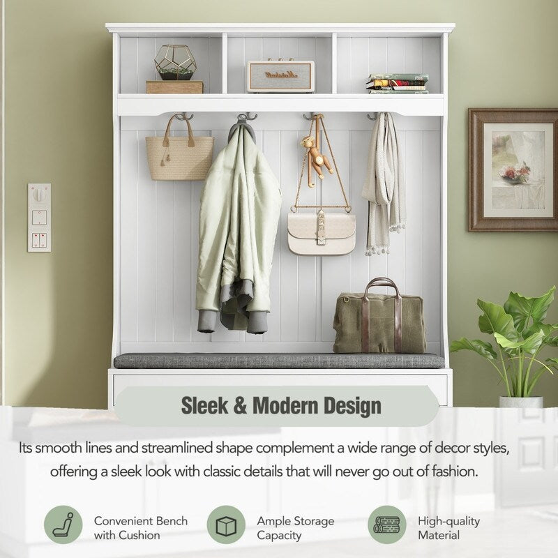 5-in-1 Entryway Bench with Shutter-shaped doors, Coat Rack, Cushion and 4 Sturdy Hooks, 47.2'' W Hall Tree