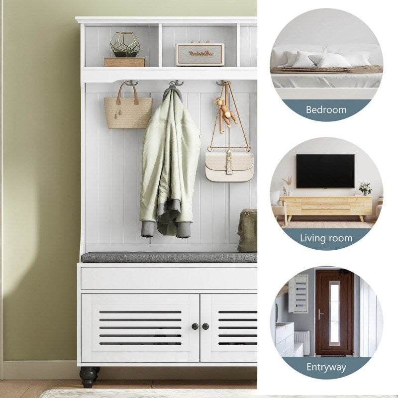 5-in-1 Entryway Bench with Shutter-shaped doors, Coat Rack, Cushion and 4 Sturdy Hooks, 47.2'' W Hall Tree