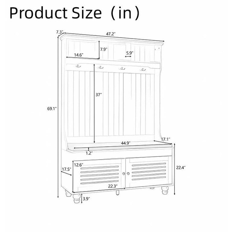 5-in-1 Entryway Bench with Shutter-shaped doors, Coat Rack, Cushion and 4 Sturdy Hooks, 47.2'' W Hall Tree
