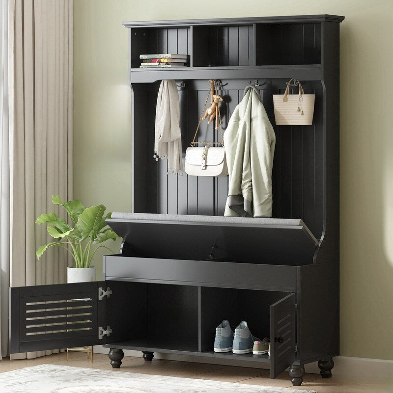 5-in-1 Entryway Bench with Shutter-shaped doors, Coat Rack, Cushion and 4 Sturdy Hooks, 47.2'' W Hall Tree