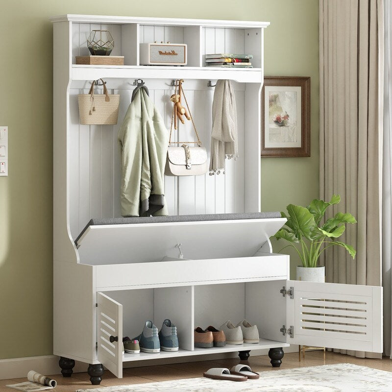 5-in-1 Entryway Bench with Shutter-shaped doors, Coat Rack, Cushion and 4 Sturdy Hooks, 47.2'' W Hall Tree