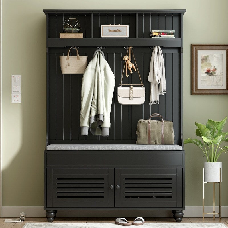 5-in-1 Entryway Bench with Shutter-shaped doors, Coat Rack, Cushion and 4 Sturdy Hooks, 47.2'' W Hall Tree