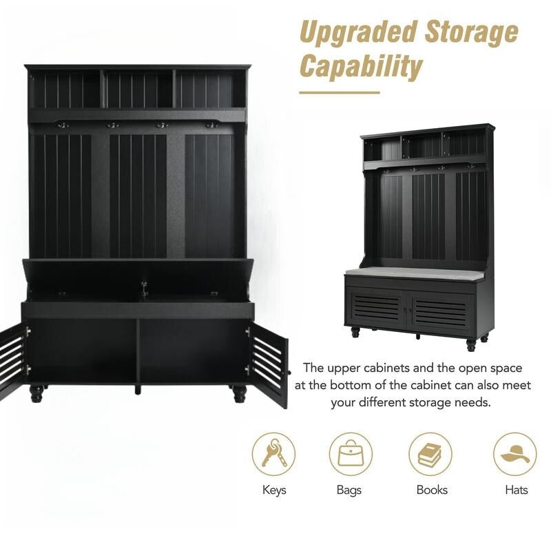 5-in-1 Entryway Bench with Shutter-shaped doors, Coat Rack, Cushion and 4 Sturdy Hooks, 47.2'' W Hall Tree