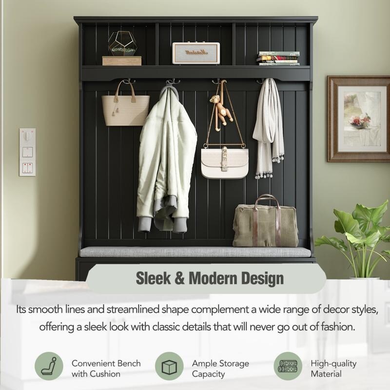 5-in-1 Entryway Bench with Shutter-shaped doors, Coat Rack, Cushion and 4 Sturdy Hooks, 47.2'' W Hall Tree