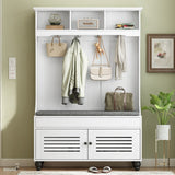 5-in-1 Entryway Bench with Shutter-shaped doors, Coat Rack, Cushion and 4 Sturdy Hooks, 47.2'' W Hall Tree