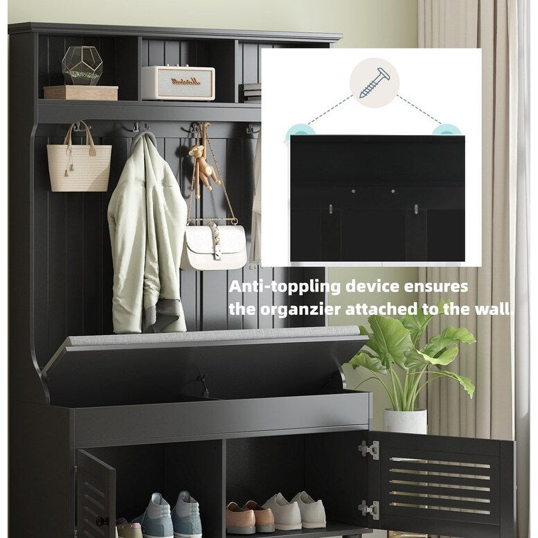 5-in-1 Entryway Bench with Shutter-shaped doors, Coat Rack, Cushion and 4 Sturdy Hooks, 47.2'' W Hall Tree