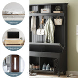 5-in-1 Entryway Bench with Shutter-shaped doors, Coat Rack, Cushion and 4 Sturdy Hooks, 47.2'' W Hall Tree
