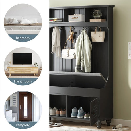 5-in-1 Entryway Bench with Shutter-shaped doors, Coat Rack, Cushion and 4 Sturdy Hooks, 47.2'' W Hall Tree