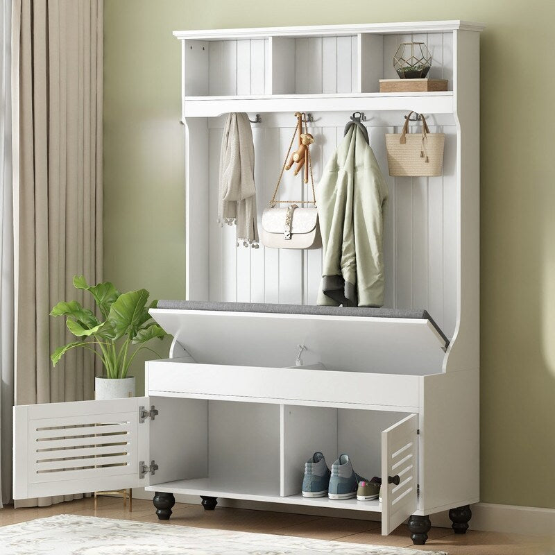 5-in-1 Entryway Bench with Shutter-shaped doors, Coat Rack, Cushion and 4 Sturdy Hooks, 47.2'' W Hall Tree