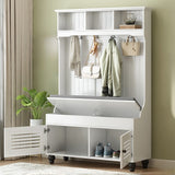 5-in-1 Entryway Bench with Shutter-shaped doors, Coat Rack, Cushion and 4 Sturdy Hooks, 47.2'' W Hall Tree