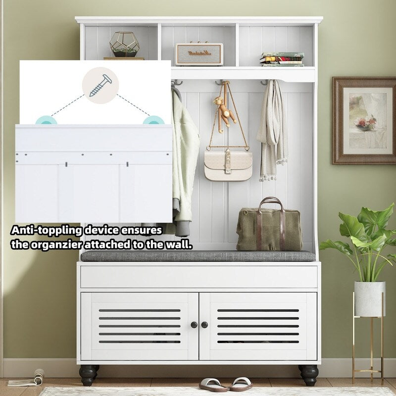 5-in-1 Entryway Bench with Shutter-shaped doors, Coat Rack, Cushion and 4 Sturdy Hooks, 47.2'' W Hall Tree