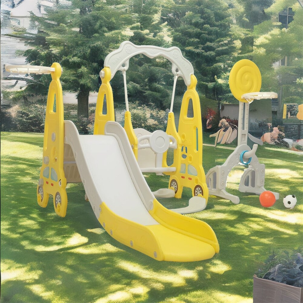 5 in 1 Slide with Swing, Basketball Hoops,Football Gate and Ringtoss