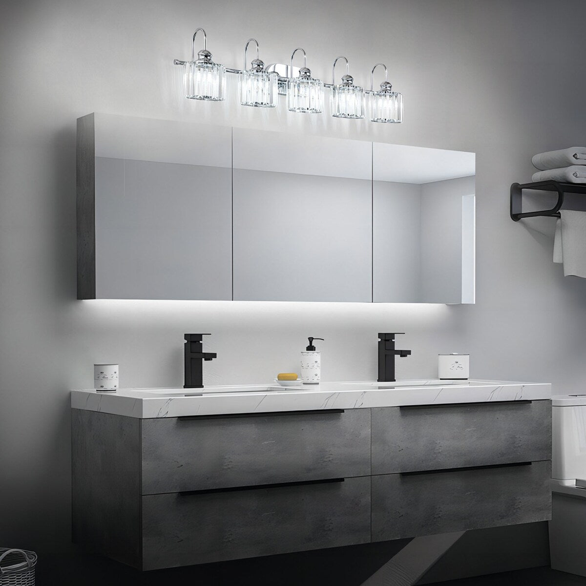 5-light Vintage Luxury Modern Dimmable Linear Crystal Bathroom Vanity Light Wall Light