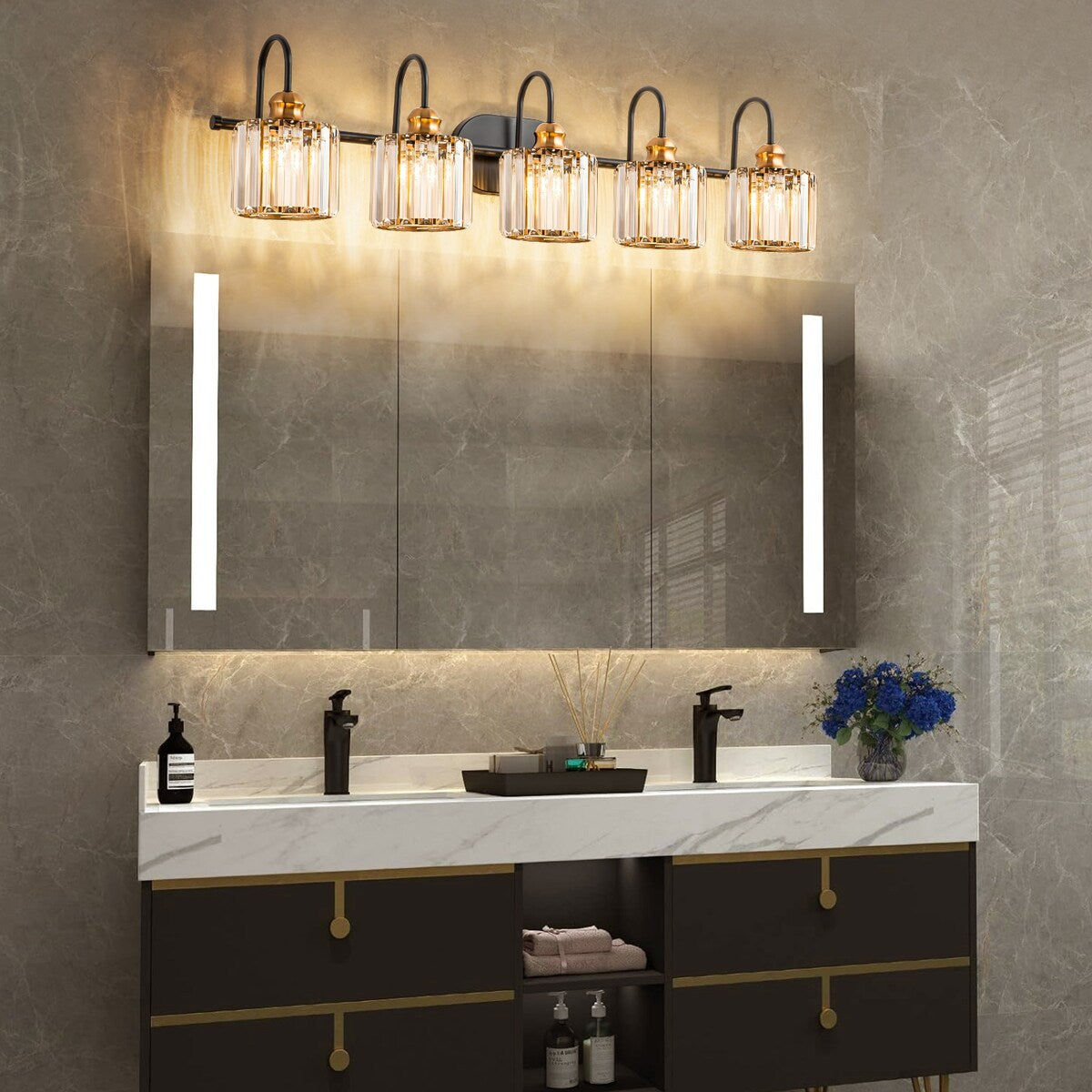 5-light Vintage Luxury Modern Dimmable Linear Crystal Bathroom Vanity Light Wall Light