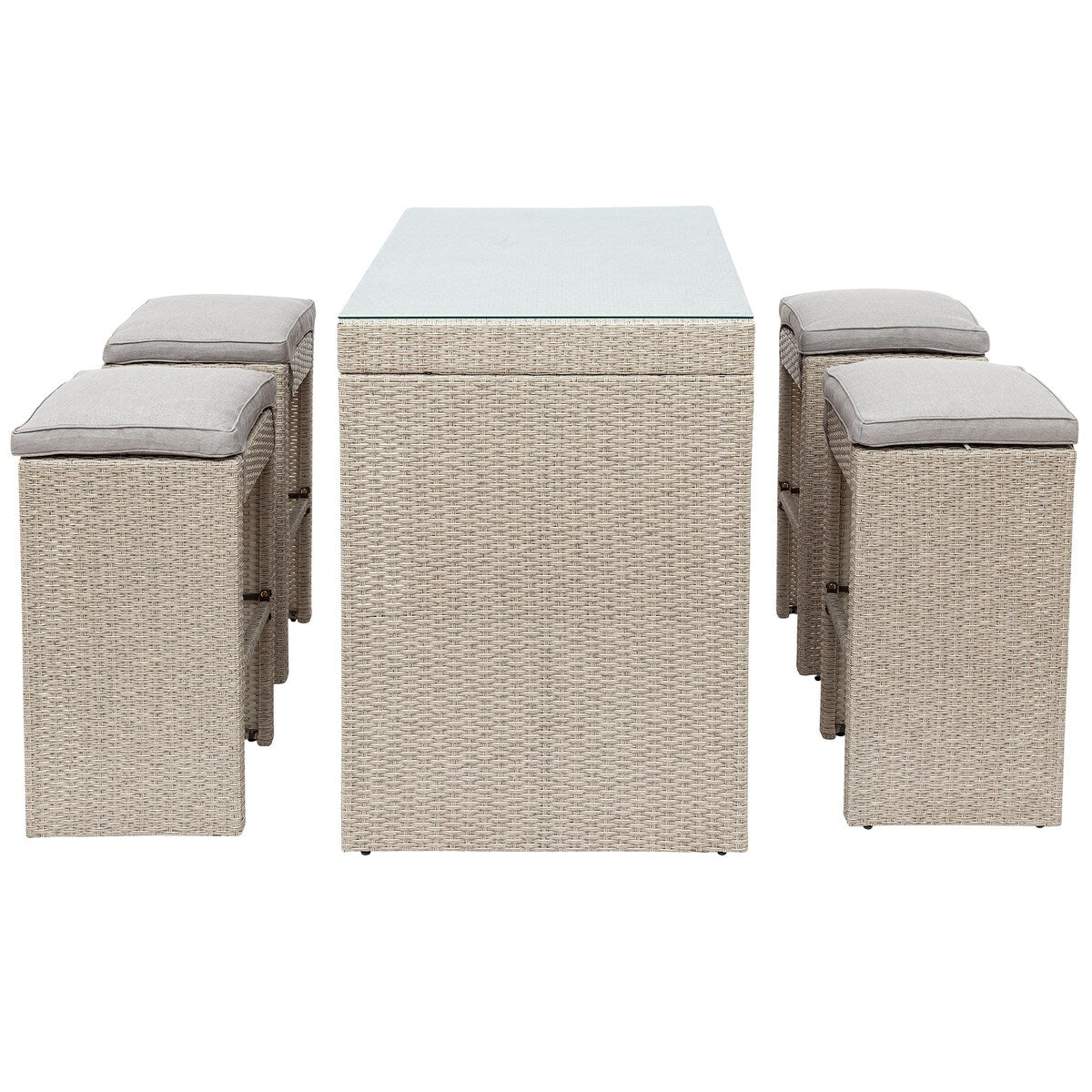 5-piece Rattan Outdoor Patio Furniture Set Bar Dining Table Set with 4 Stools
