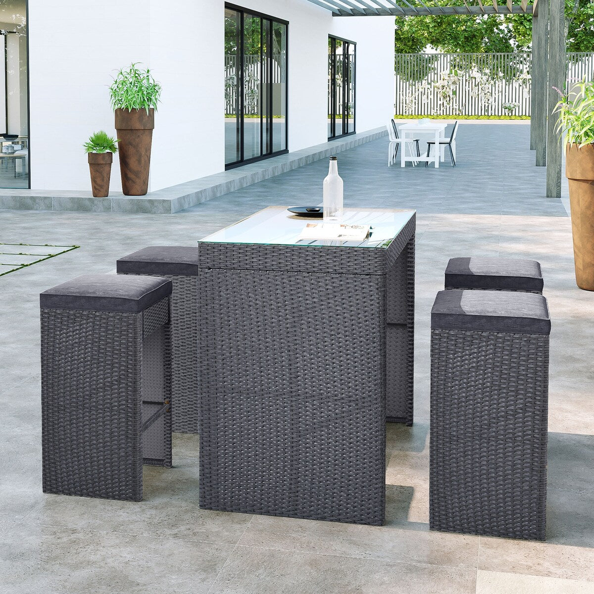 5-piece Rattan Outdoor Patio Furniture Set Bar Dining Table Set with 4 Stools