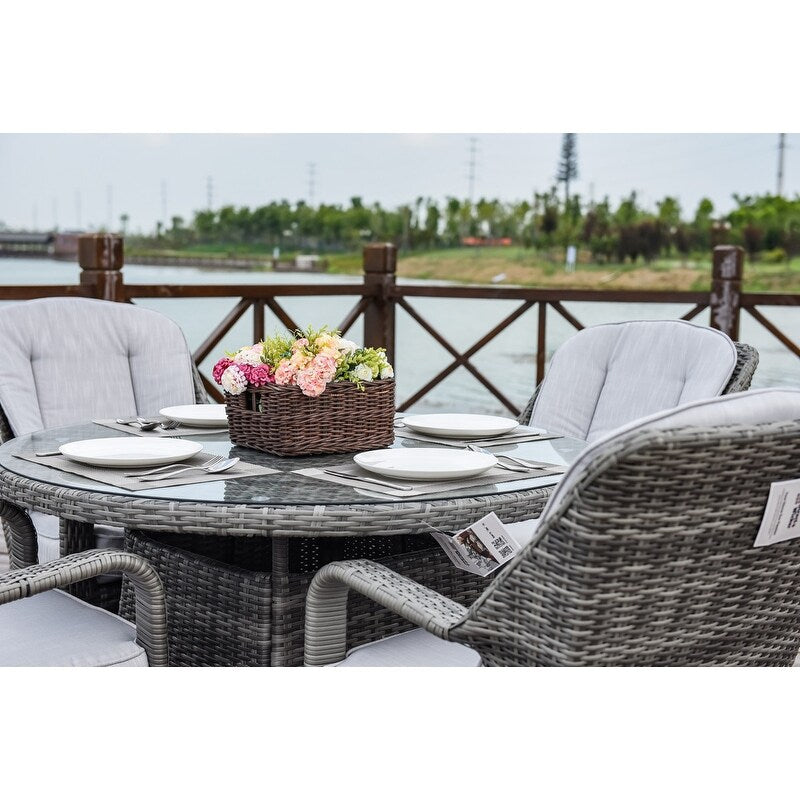 5-pieces Patio Wicker Round Dining Set with 4 Armchairs