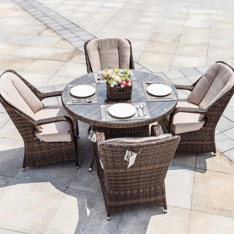 5-pieces Patio Wicker Round Dining Set with 4 Armchairs