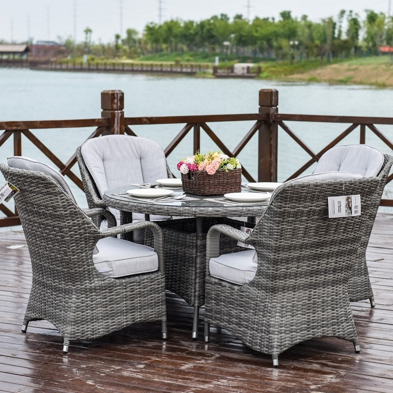 5-pieces Patio Wicker Round Dining Set with 4 Armchairs