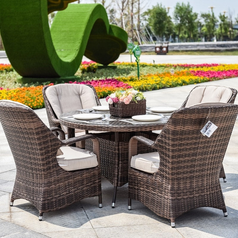 5-pieces Patio Wicker Round Dining Set with 4 Armchairs
