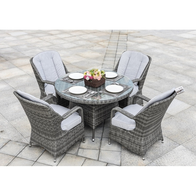 5-pieces Patio Wicker Round Dining Set with 4 Armchairs