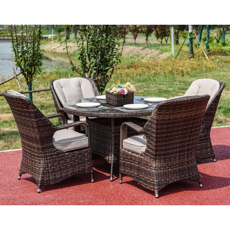 5-pieces Patio Wicker Round Dining Set with 4 Armchairs