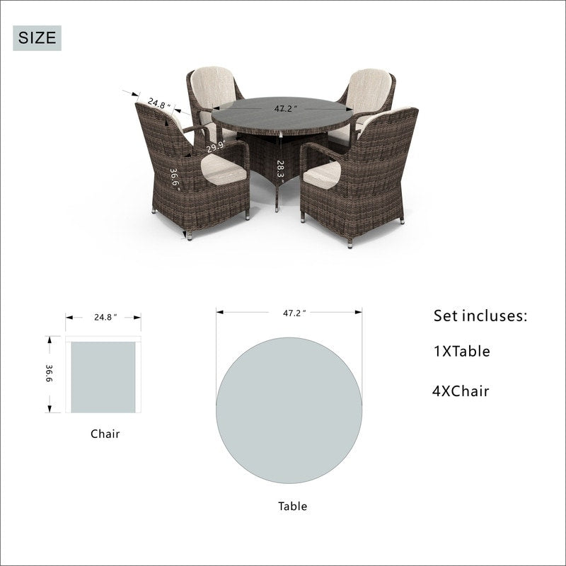 5-pieces Patio Wicker Round Dining Set with 4 Armchairs