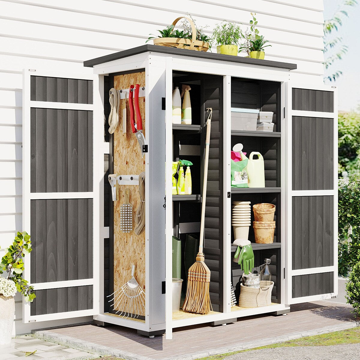5.5ft Hx4.1ft L Outdoor Wood Storage Shed Garden Tool Organizer with Four Lockable Doors and Multiple-tier Shelves