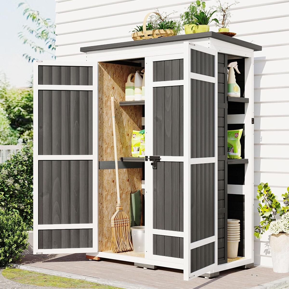 5.5ft Hx4.1ft L Outdoor Wood Storage Shed Garden Tool Organizer with Four Lockable Doors and Multiple-tier Shelves