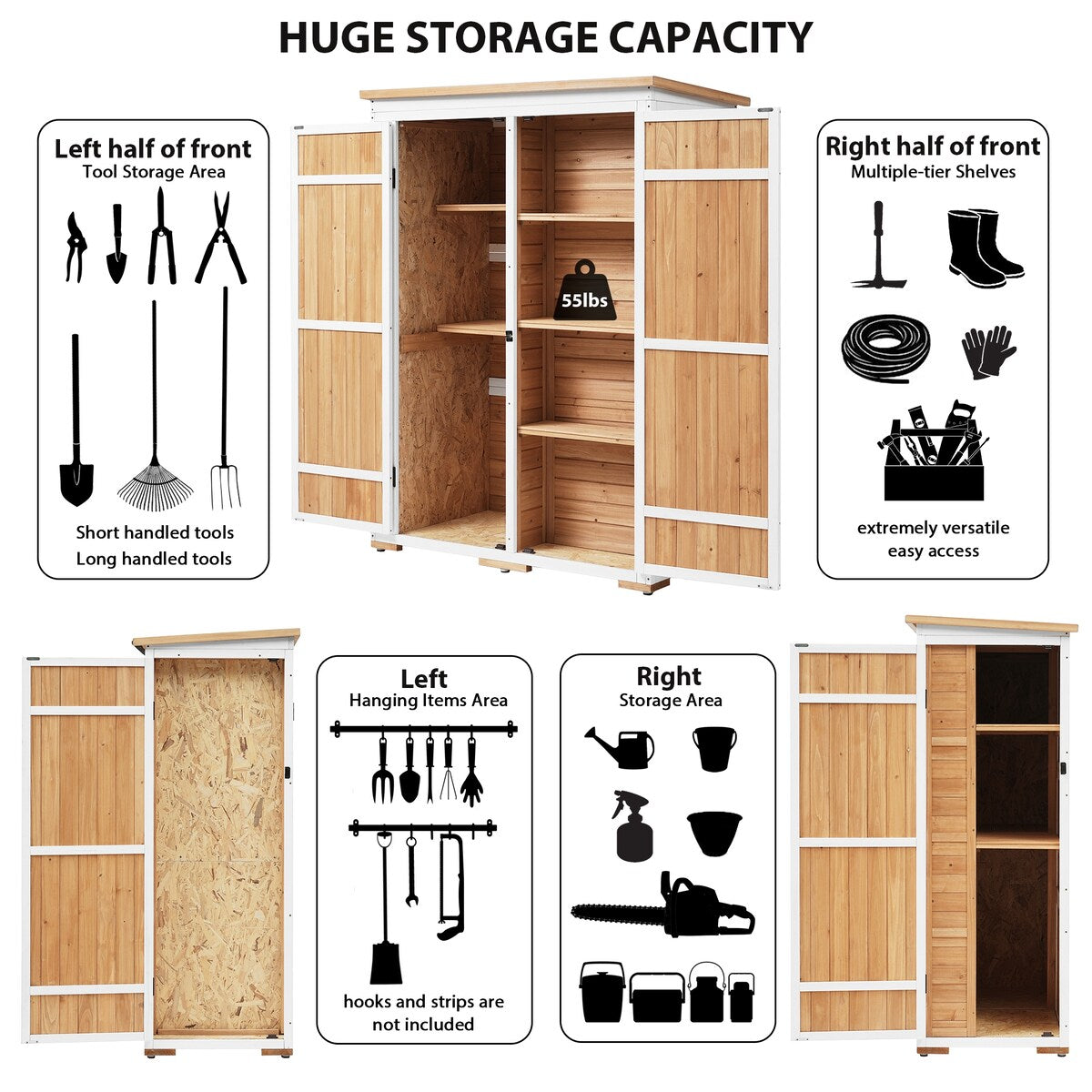 5.5ft Hx4.1ft L Outdoor Wood Storage Shed Garden Tool Organizer with Four Lockable Doors and Multiple-tier Shelves