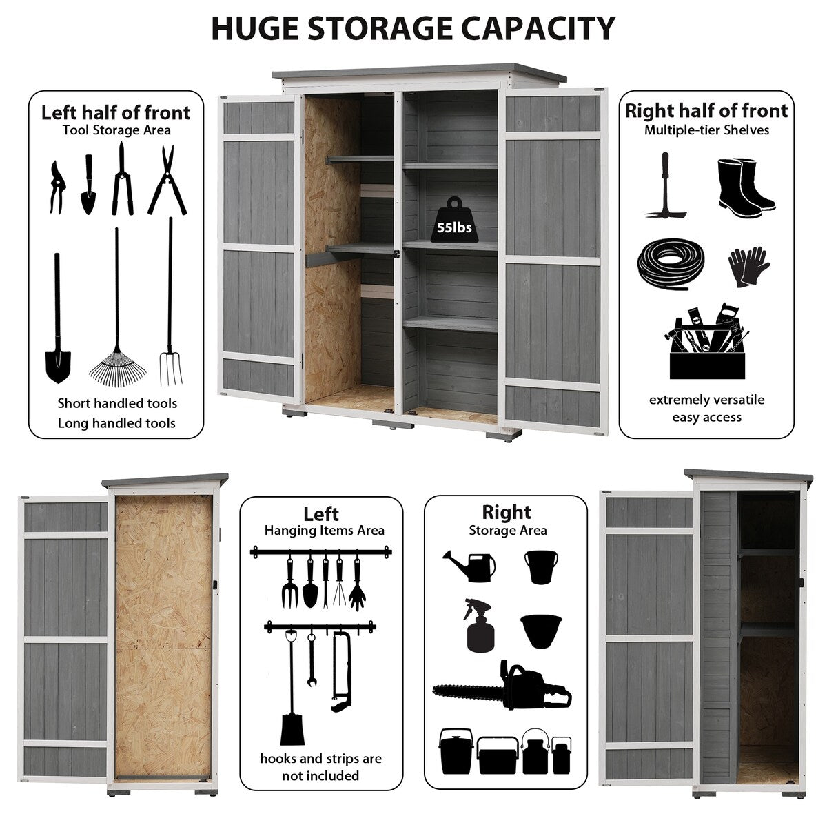 5.5ft Hx4.1ft L Outdoor Wood Storage Shed Garden Tool Organizer with Four Lockable Doors and Multiple-tier Shelves