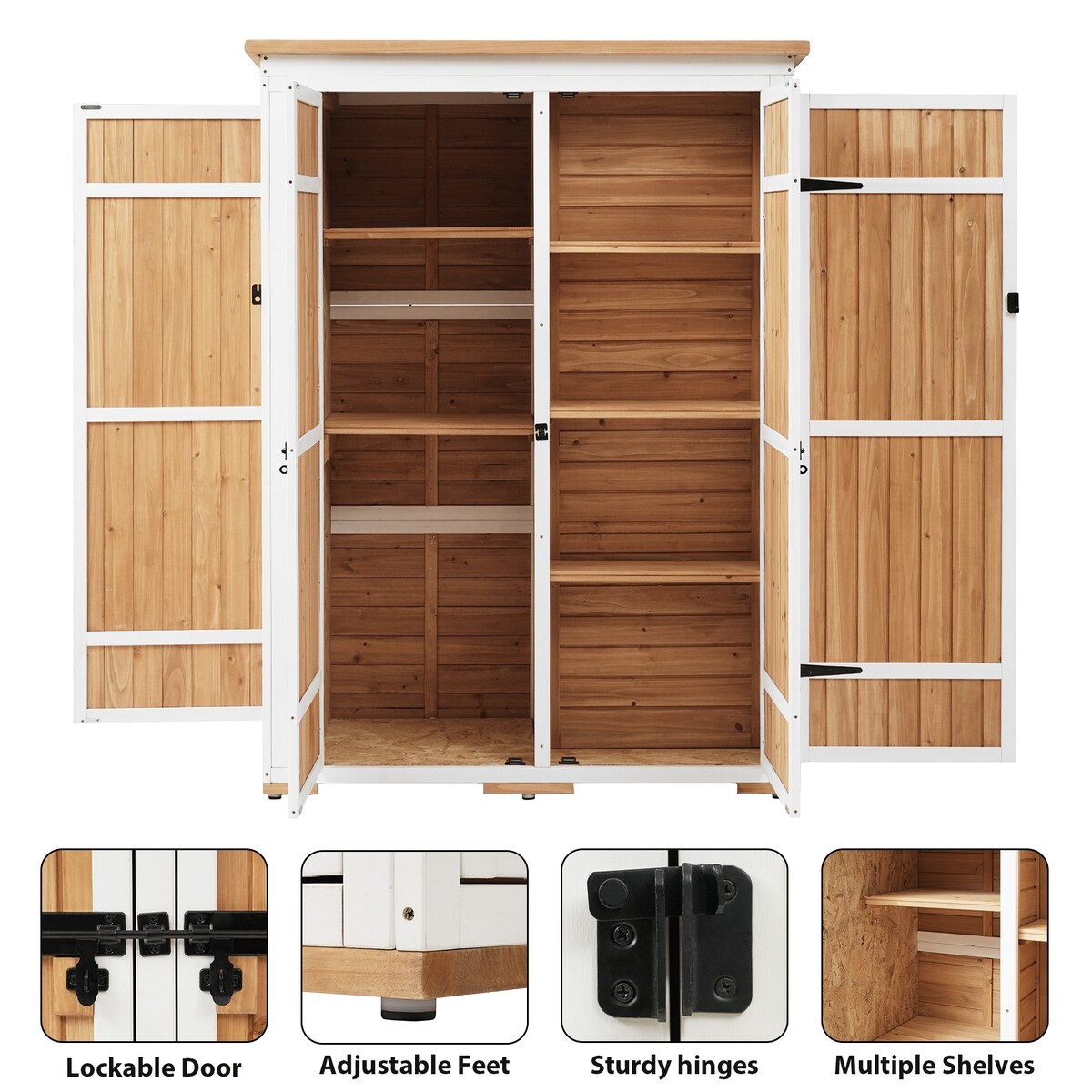 5.5ft Hx4.1ft L Outdoor Wood Storage Shed Garden Tool Organizer with Four Lockable Doors and Multiple-tier Shelves