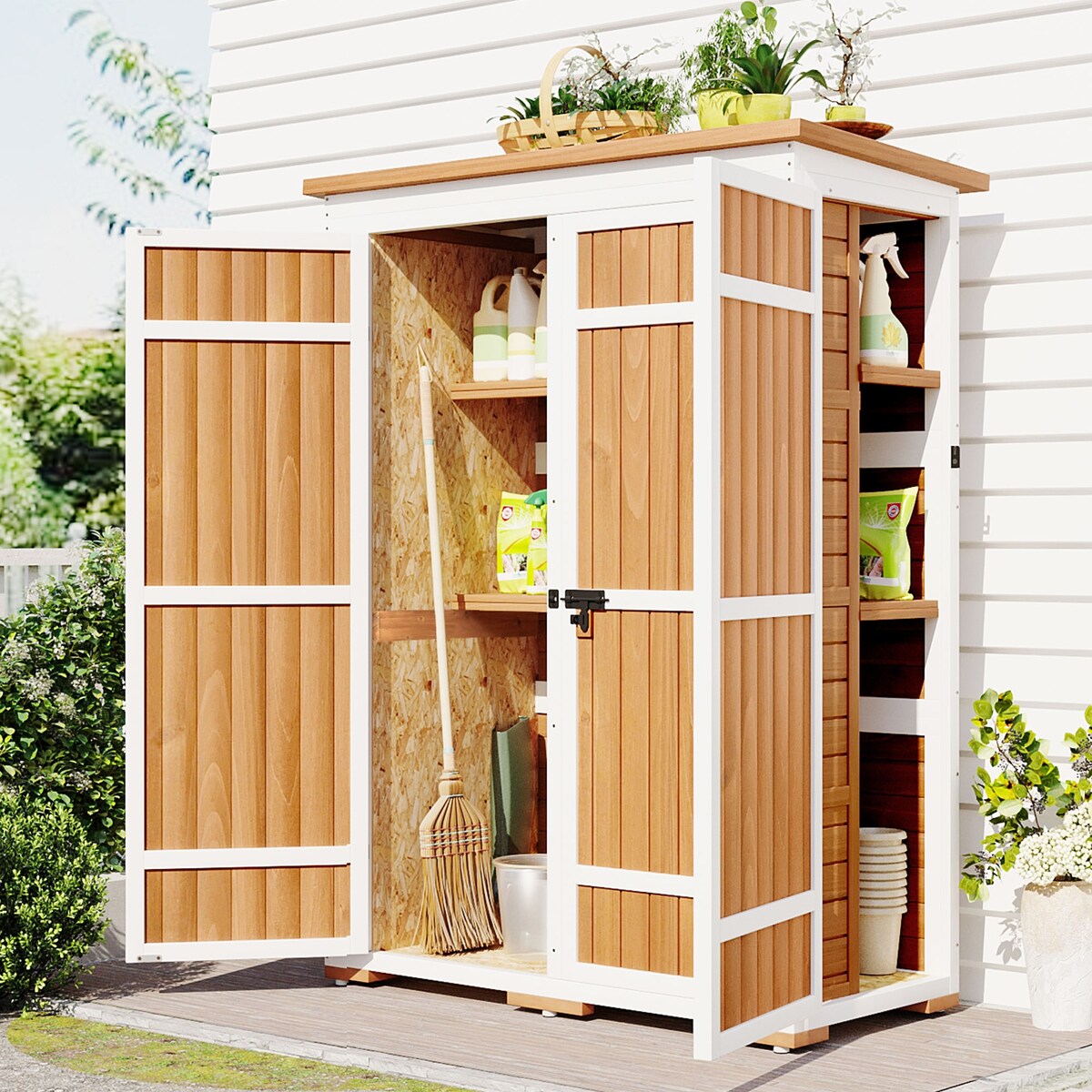 5.5ft Hx4.1ft L Outdoor Wood Storage Shed Garden Tool Organizer with Four Lockable Doors and Multiple-tier Shelves