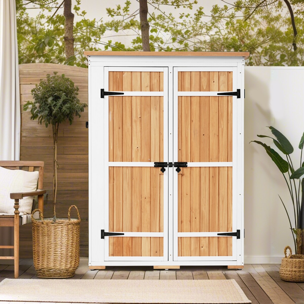 5.5ft Hx4.1ft L Outdoor Wood Storage Shed Garden Tool Organizer with Four Lockable Doors and Multiple-tier Shelves