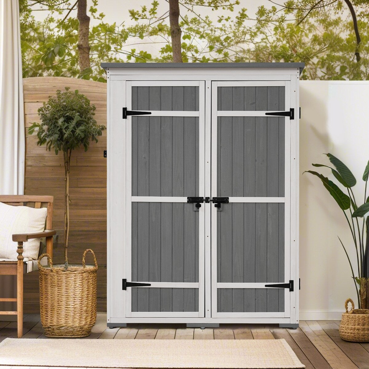 5.5ft Hx4.1ft L Outdoor Wood Storage Shed Garden Tool Organizer with Four Lockable Doors and Multiple-tier Shelves