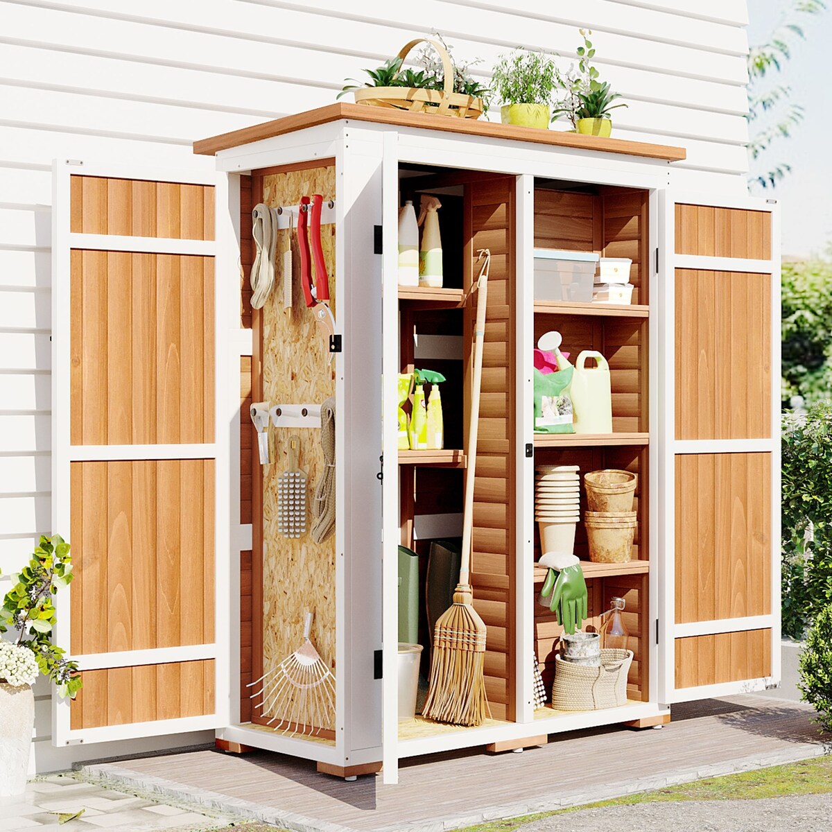5.5ft Hx4.1ft L Outdoor Wood Storage Shed Garden Tool Organizer with Four Lockable Doors and Multiple-tier Shelves