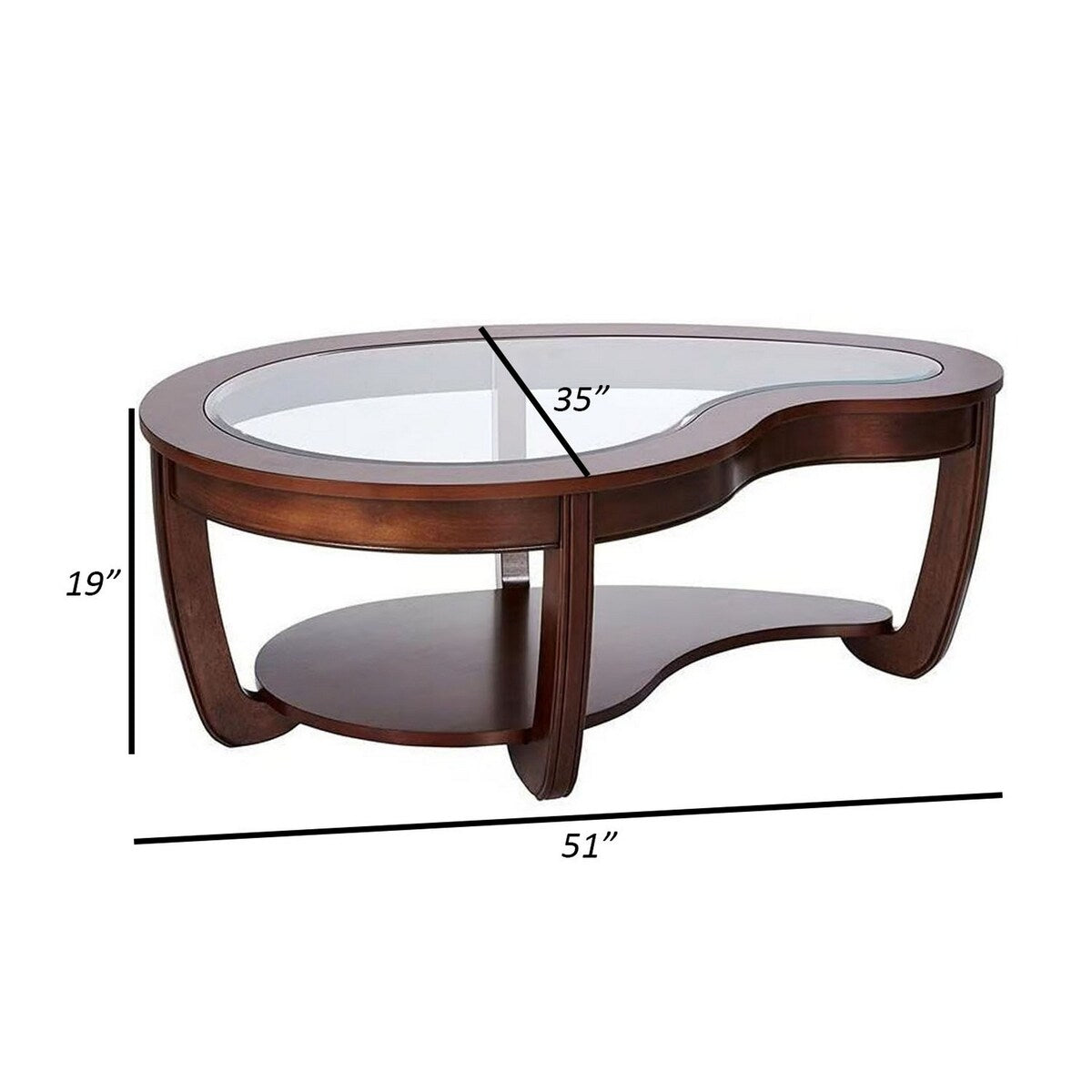 51 Inch Coffee Table, Beveled Glass Top, Bean Shape, Cherry Brown Wood