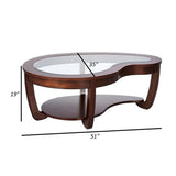 51 Inch Coffee Table, Beveled Glass Top, Bean Shape, Cherry Brown Wood