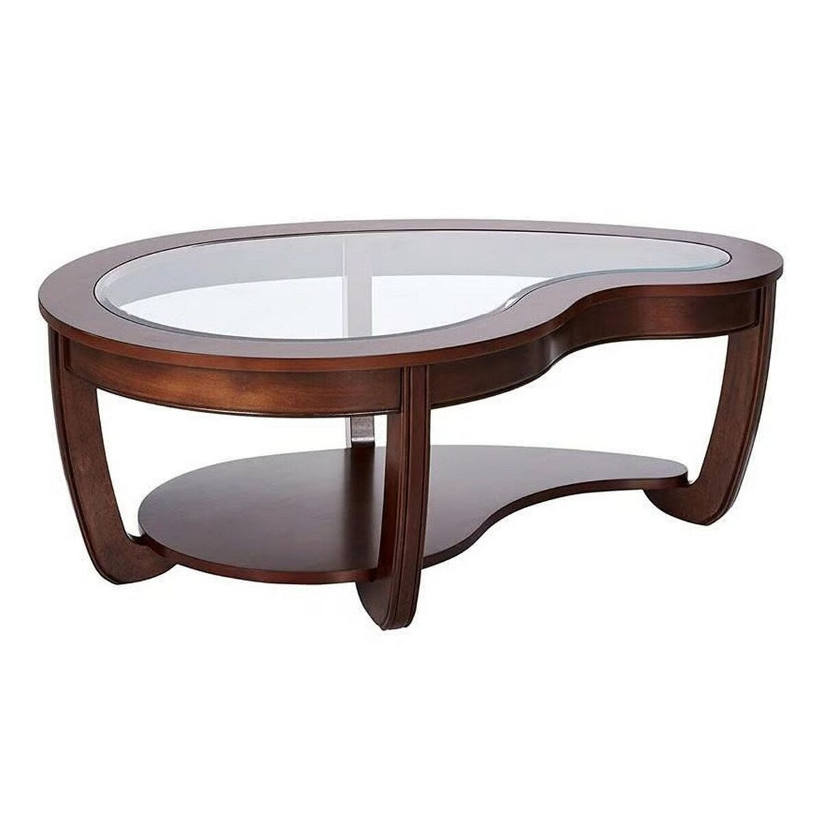 51 Inch Coffee Table, Beveled Glass Top, Bean Shape, Cherry Brown Wood