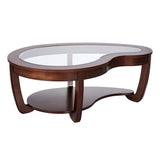 51 Inch Coffee Table, Beveled Glass Top, Bean Shape, Cherry Brown Wood