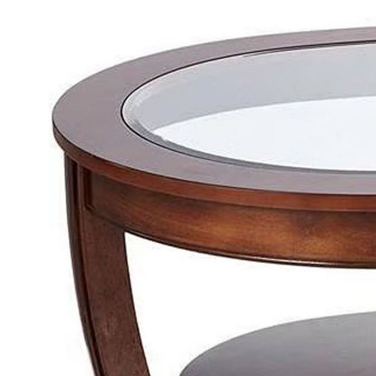 51 Inch Coffee Table, Beveled Glass Top, Bean Shape, Cherry Brown Wood