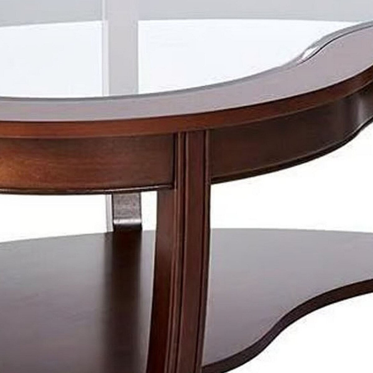 51 Inch Coffee Table, Beveled Glass Top, Bean Shape, Cherry Brown Wood