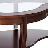 51 Inch Coffee Table, Beveled Glass Top, Bean Shape, Cherry Brown Wood
