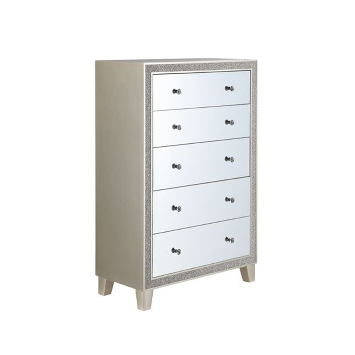 51 Inch Lee 5 Drawer Mirrored Tall Chest Dresser, Acrylic Trim, Champagne