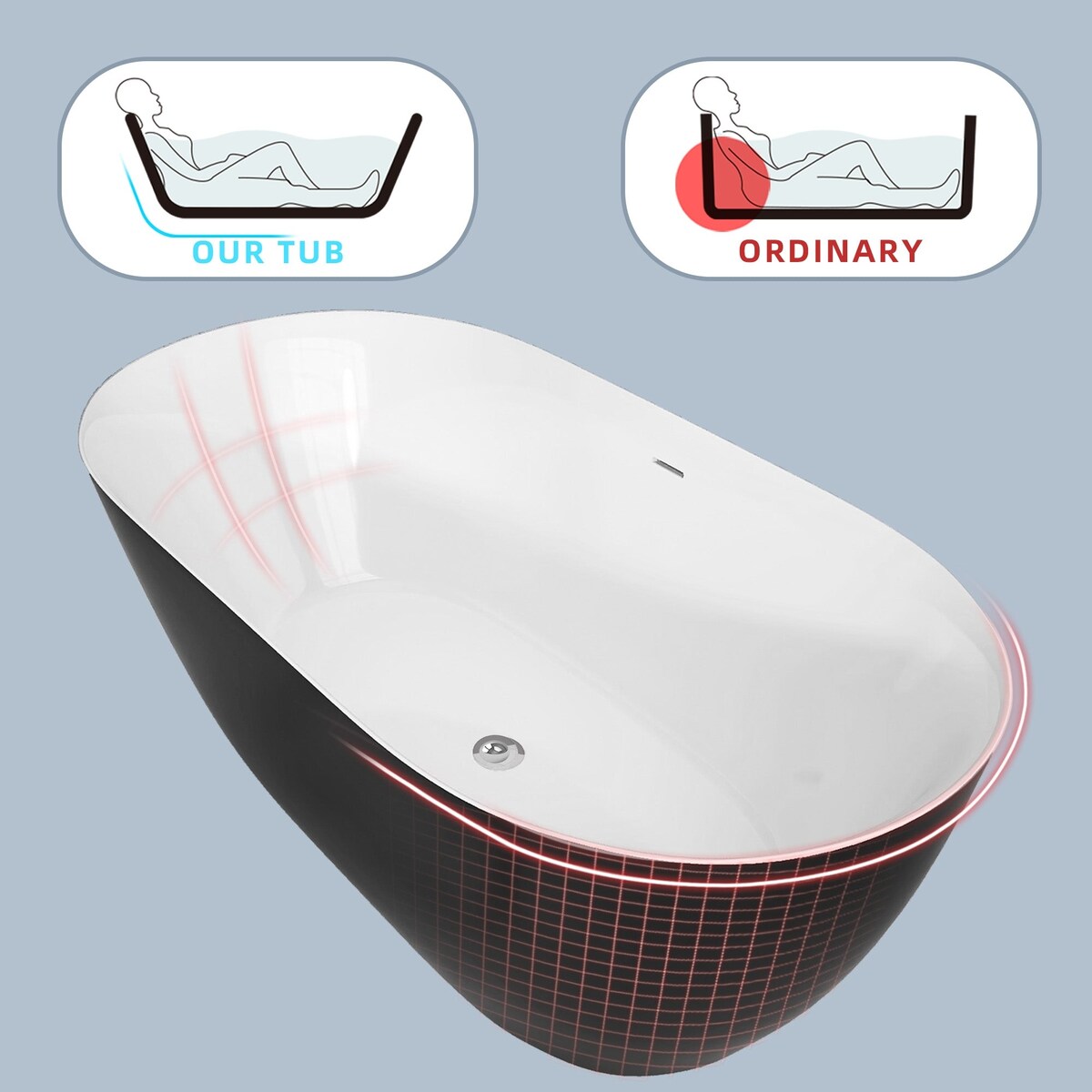 51 in./ 59 in./ 67 in. Acrylic Freestanding Soaking Bathtub with Drain and Adjustable Support Legs