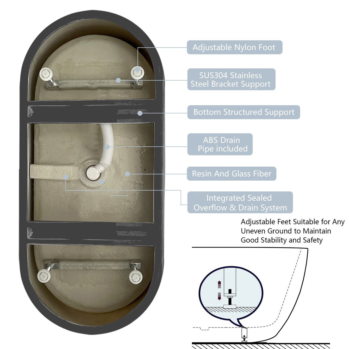 51 in./ 59 in./ 67 in. Acrylic Freestanding Soaking Bathtub with Drain and Adjustable Support Legs