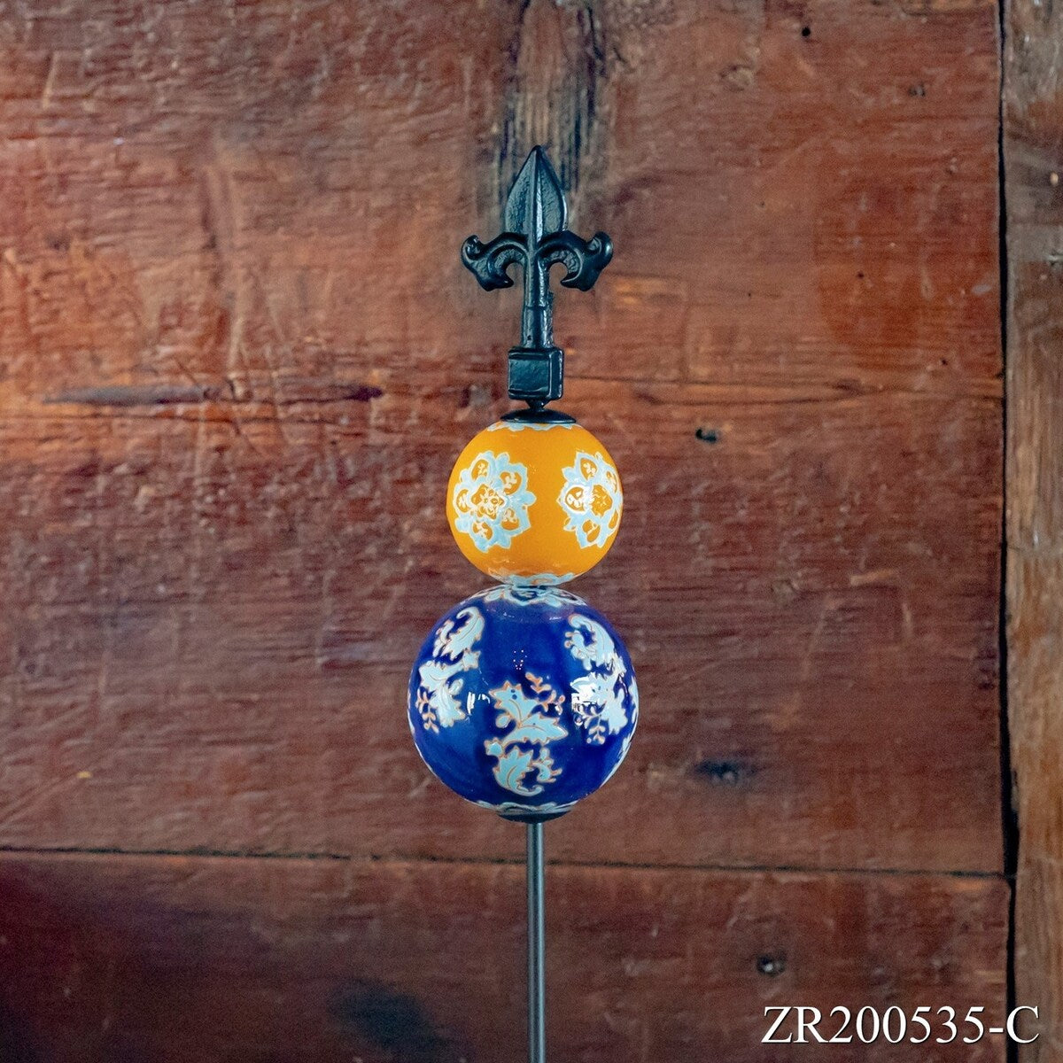51.5" Tall Iron Garden Stake with Finial and Ball in Yellow/Blue