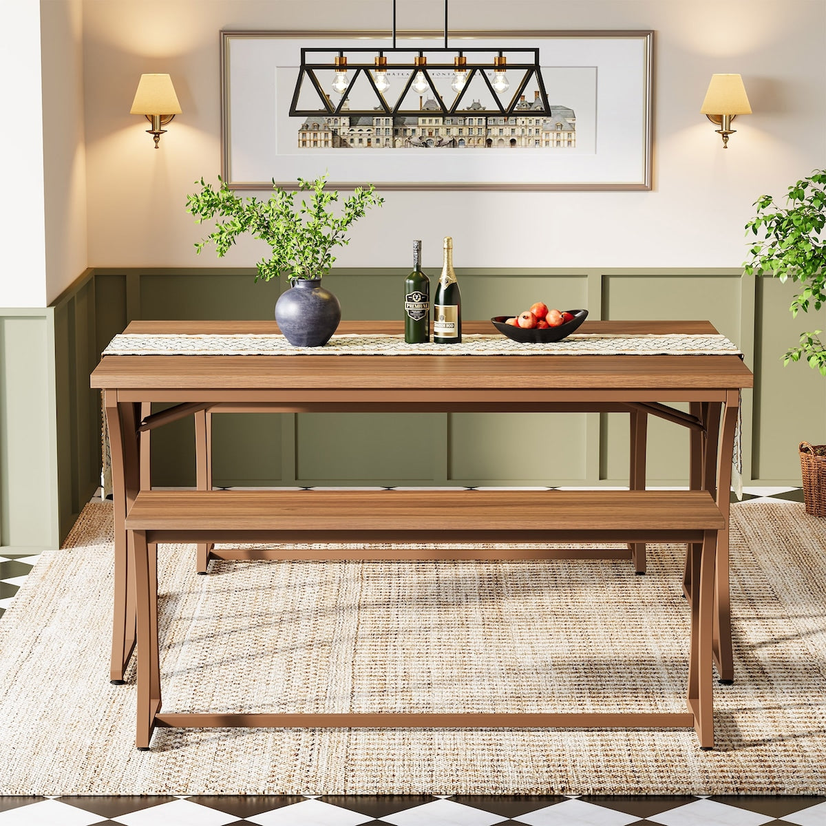 51" Rectangle Kitchen Dining Table with Bench Set for 4 People