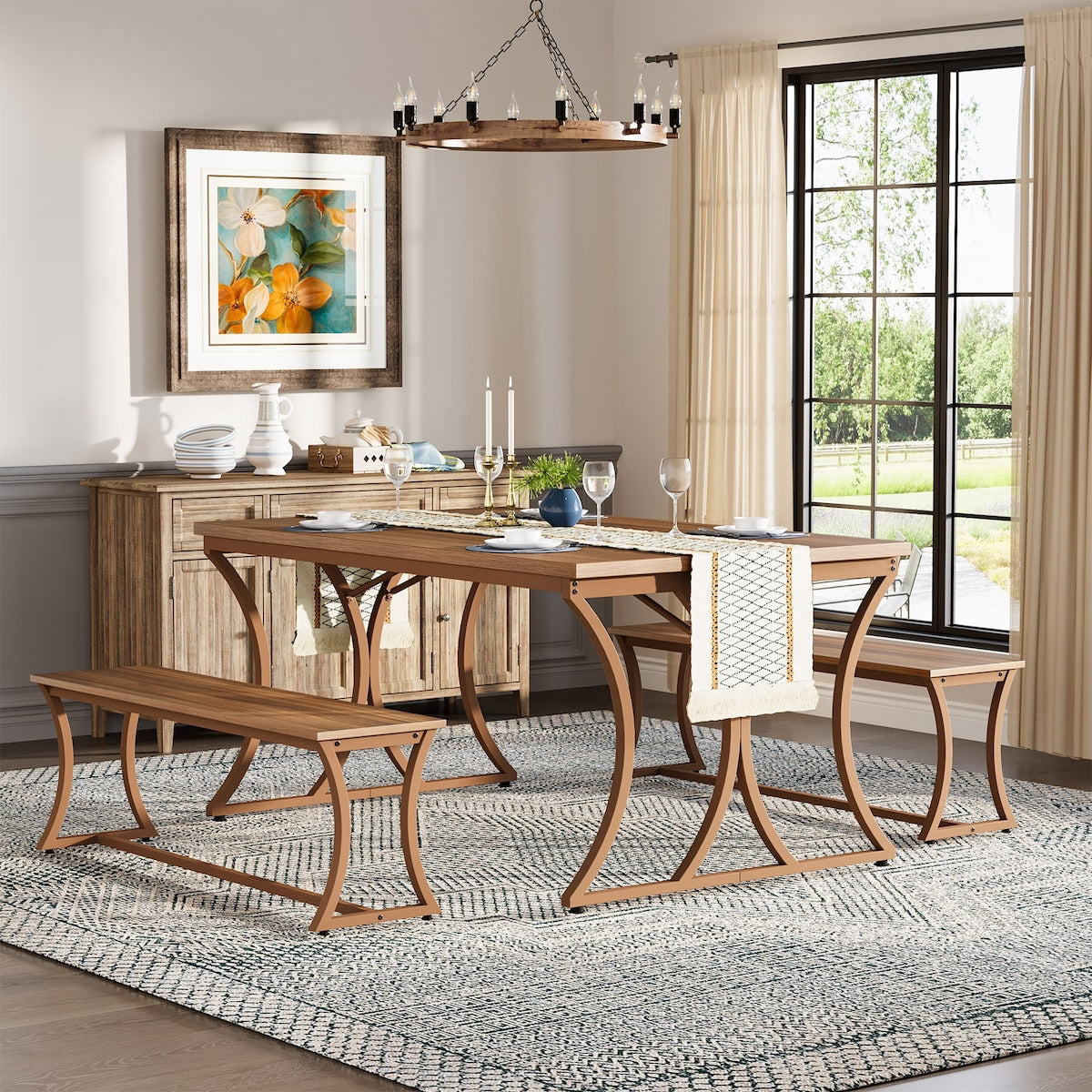 51" Rectangle Kitchen Dining Table with Bench Set for 4 People