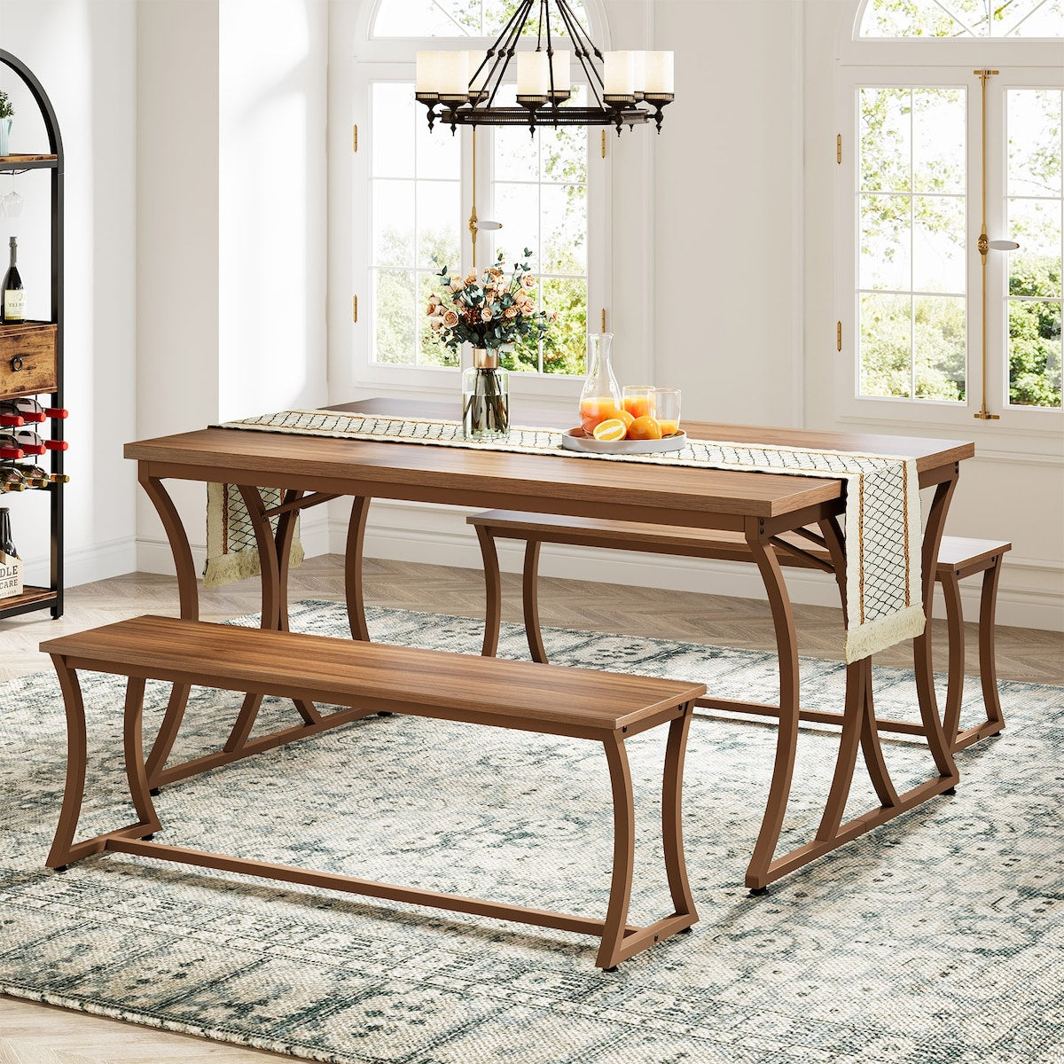 51" Rectangle Kitchen Dining Table with Bench Set for 4 People